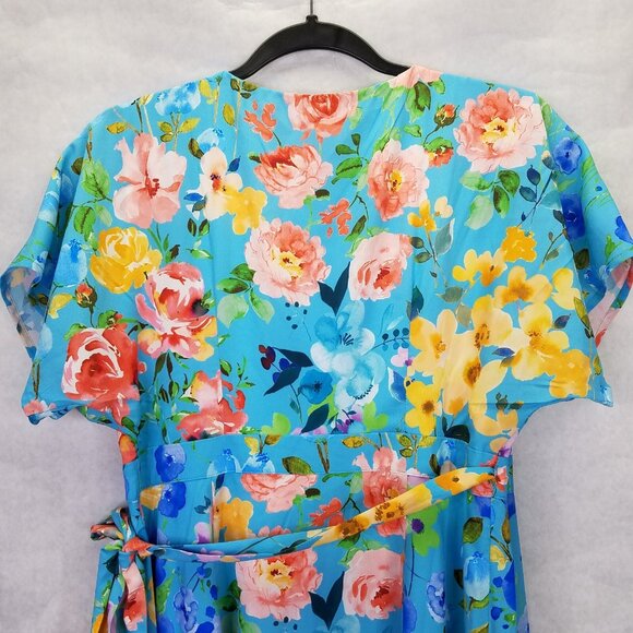 Eshakti Wrap Dress Midi S Dolman Sleeve Blue Floral Print Crepe Lined Tie Waist - Picture 10 of 16